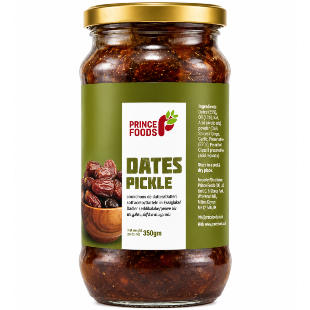 A glass jar of Prince Foods Dates Pickle with a gold metal lid and a green label, shown on a plain white background.