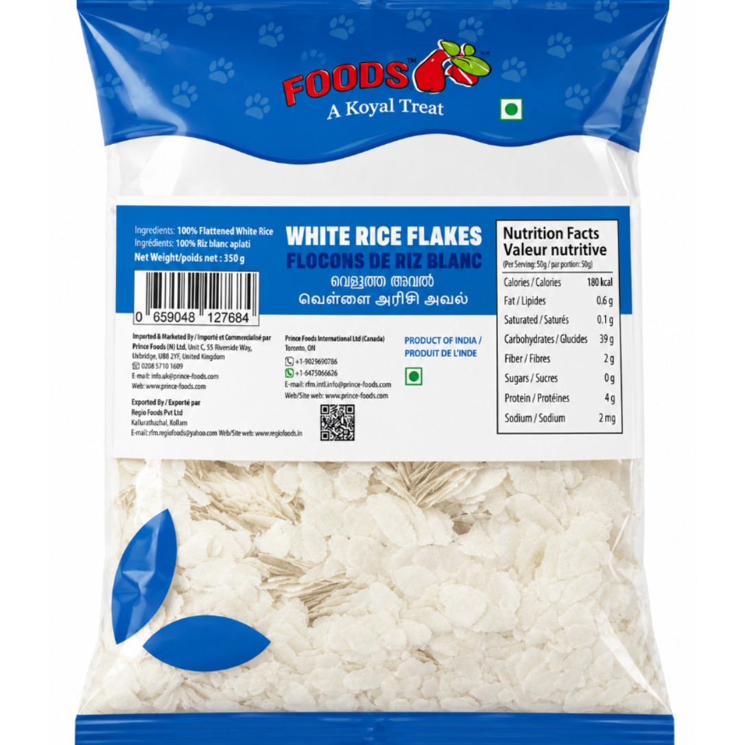 A bag of White Rice Flakes by Foods A Koyal Treat, featuring a blue and white packaging design with a clear lower section showing the white rice flakes inside.