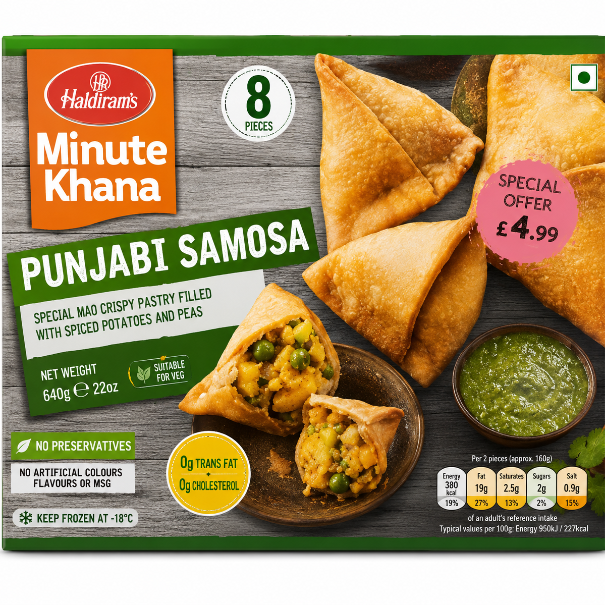 Hakirlam's Minute Khana Punjabi Samosa packaging, featuring golden-brown fried samosas, a green chutney bowl, and product details on a dark wood-textured background.