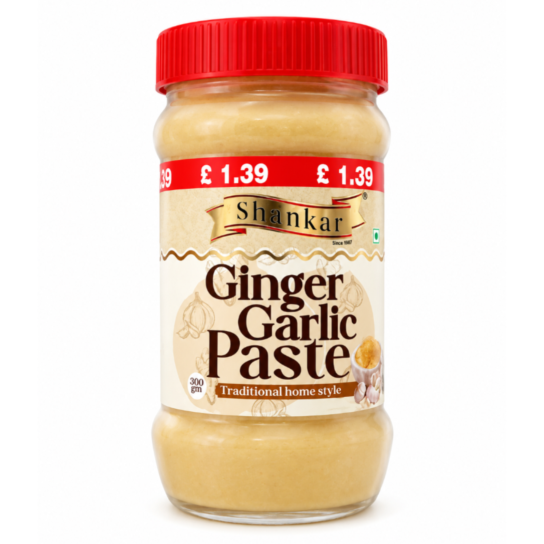 A 350g glass jar of Shankar Ginger Garlic Paste with a red screw cap and a cream-colored label, shown on a plain white background.