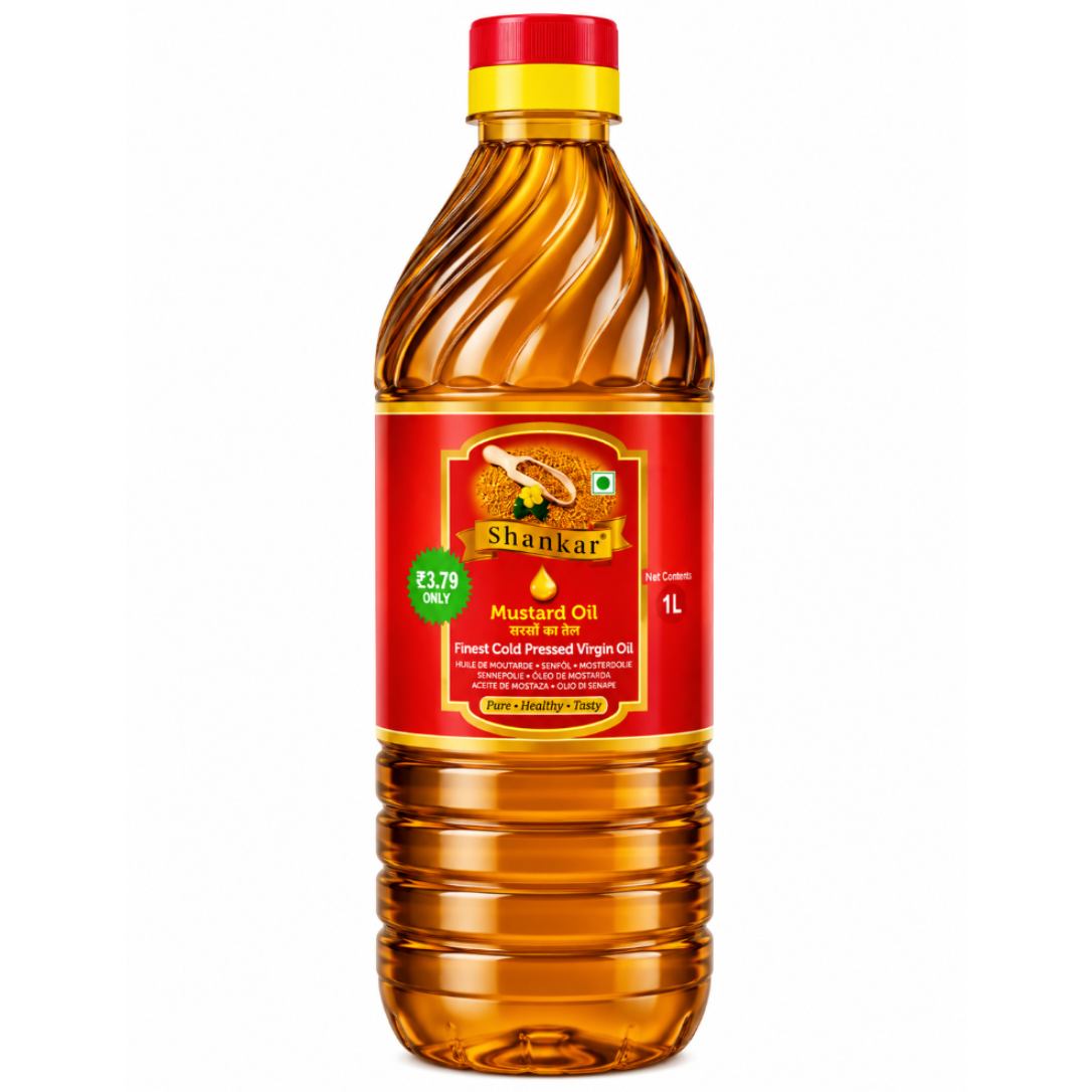 A 1-liter plastic bottle of Shankar Mustard Oil with a red cap and a red label, shown on a plain white background.