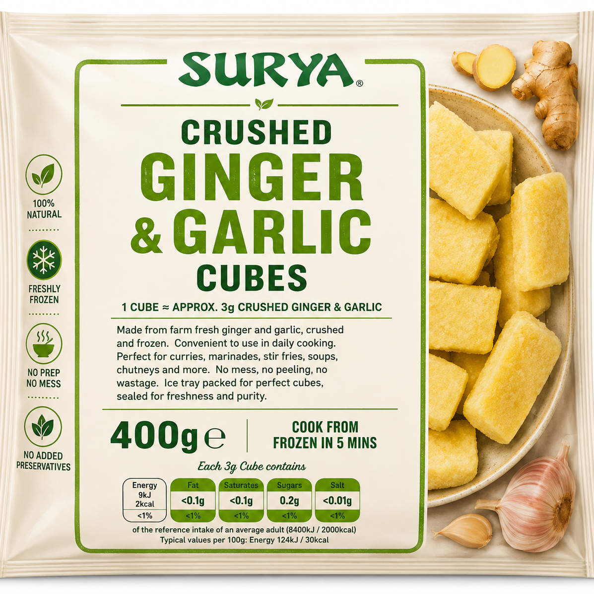 Surya Crushed Ginger & Garlic Cubes 400g package, featuring a cream-colored bag with green text and illustrations of ginger root, garlic cloves, and yellow cubes of the product on the right side.