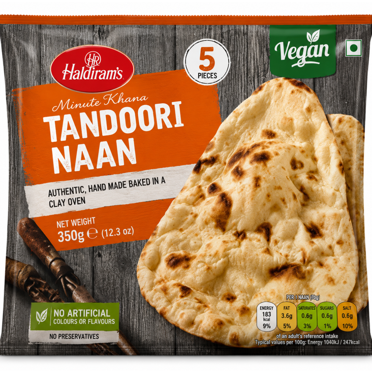Haldiram's Minute Khana Tandoori Naan 5-piece pack, featuring a realistic graphic of baked flatbread on a dark wood-textured background with product details and branding.