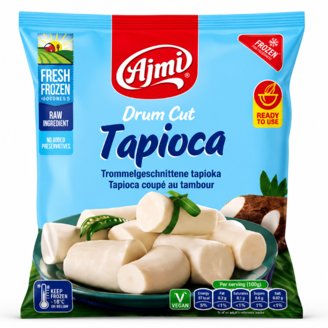A package of Ajmi Fresh Frozen Tapioca Drum Cut, featuring a bright blue bag with a red brand logo, product details, and an image of the cut tapioca pieces on a plate.