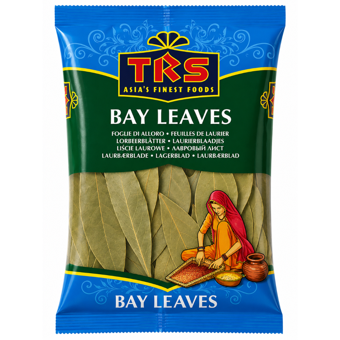 A package of TRS Bay Leaves, featuring a blue and green wrapper with the brand logo 'TRS' at the top and an illustration of a woman preparing spices at the bottom.