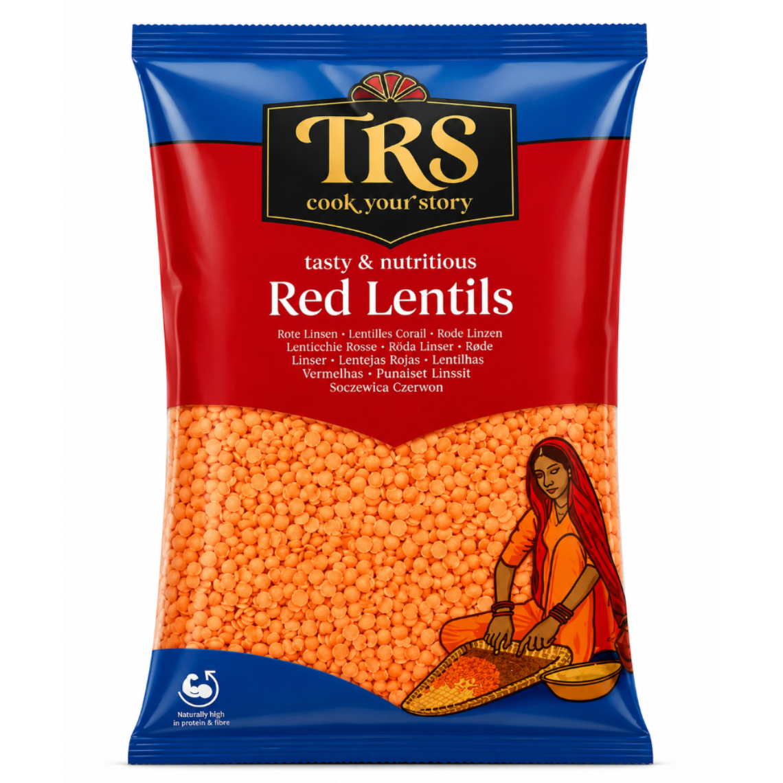 A 500g bag of TRS Cook Your Story Red Lentils, featuring a blue and red packaging design with a clear window showing the orange-red lentils inside, and an illustration of a woman preparing lentils.