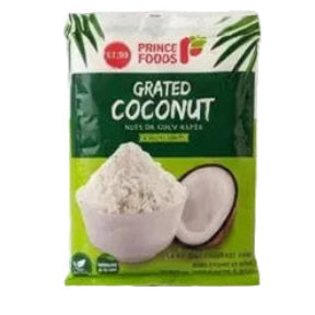 A package of Prince Foods Grated Coconut, featuring a green and white bag with a photo of white grated coconut powder and a halved coconut, set against a plain white background.