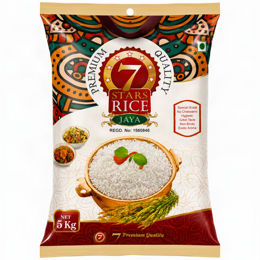 A 5 kg bag of 7 Stars Rice Jaya Premium Quality long grain rice, featuring a red, gold, and white design with illustrations of rice dishes and a bowl of cooked rice.