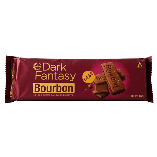 A package of Walton Dark Fantasy Bourbon chocolate sandwich biscuits, wrapped in a deep burgundy wrapper with gold and white text and a photo of the chocolate biscuits on the front.