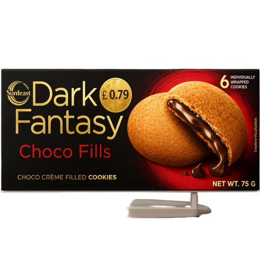 Sunfeast Dark Fantasy Choco Fills cookies packaging box on a white background with a small display stand. The box is black with gold and red lettering and features an image of a chocolate-filled cookie.