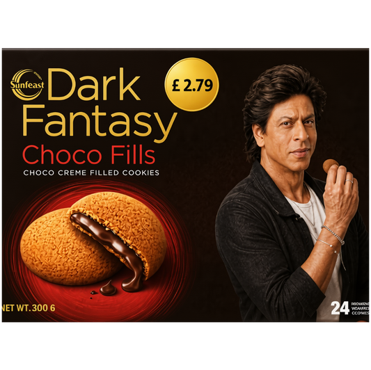 Sunfeast Dark Fantasy Choco Fills cookies packaging, featuring a dark brown background with a golden cookie filled with dark chocolate, a yellow price badge showing £2.79, and a portrait of Shah Rukh Khan holding a cookie on the right side.