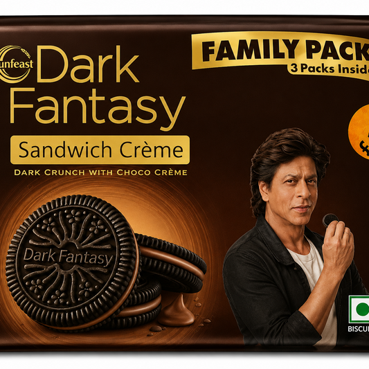 A Sunfeast Dark Fantasy Sandwich Crème biscuit family pack, featuring a dark brown wrapper with gold and white text, an illustration of two Dark Fantasy sandwich cookies, and a photo of actor Shah Rukh Khan holding a cookie.