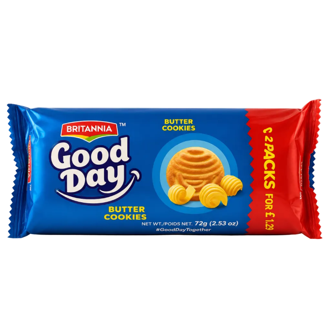 A pack of Britannia Good Day Butter Cookies, featuring a blue and red wrapper with a central image of a butter cookie and honeycomb pattern, set against a plain light background.