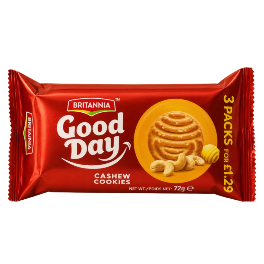 A pack of Britannia Good Day Cashew Cookies in a metallic red wrapper with a circular cookie illustration and cashew imagery, photographed on a plain light beige background.
