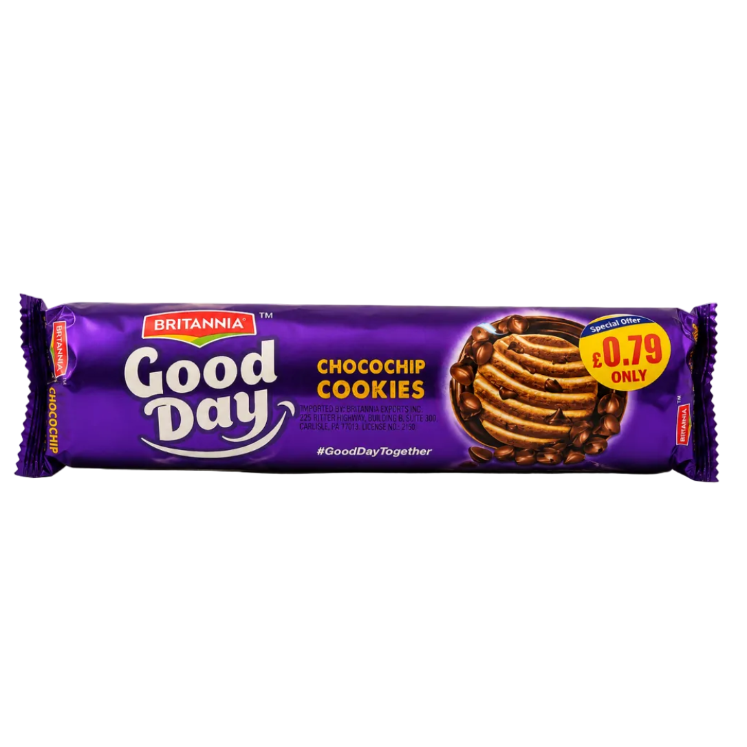 A package of Britannia Good Day Chocochip Cookies in a vibrant purple wrapper with a yellow price badge and an image of chocolate-coated cookies on the front, set against a plain light background.