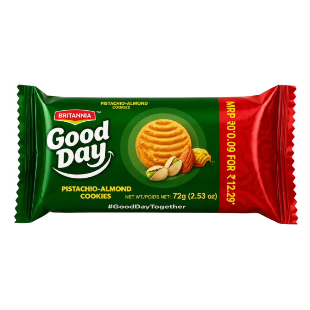 A wrapped pack of Britannia Good Day Pistachio-Almond Cookies, featuring a green and red wrapper with a central image of a cookie and almonds, set against a plain beige background.