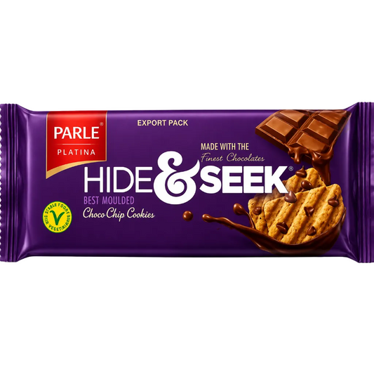 A Parle Platina Hide & Seek chocolate chip cookie bar in its purple wrapper, featuring a chocolate bar graphic and a cookie with chocolate chips on a white background.