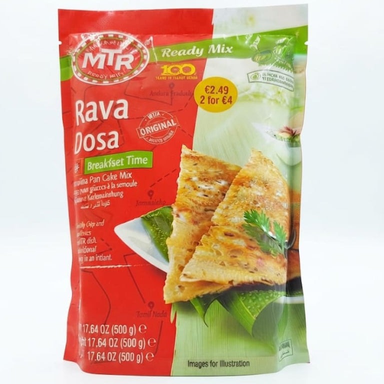 A package of MTR Rava Dosa Ready Mix breakfast time ready mix, featuring a red and green bag with an image of cooked dosas on the front.