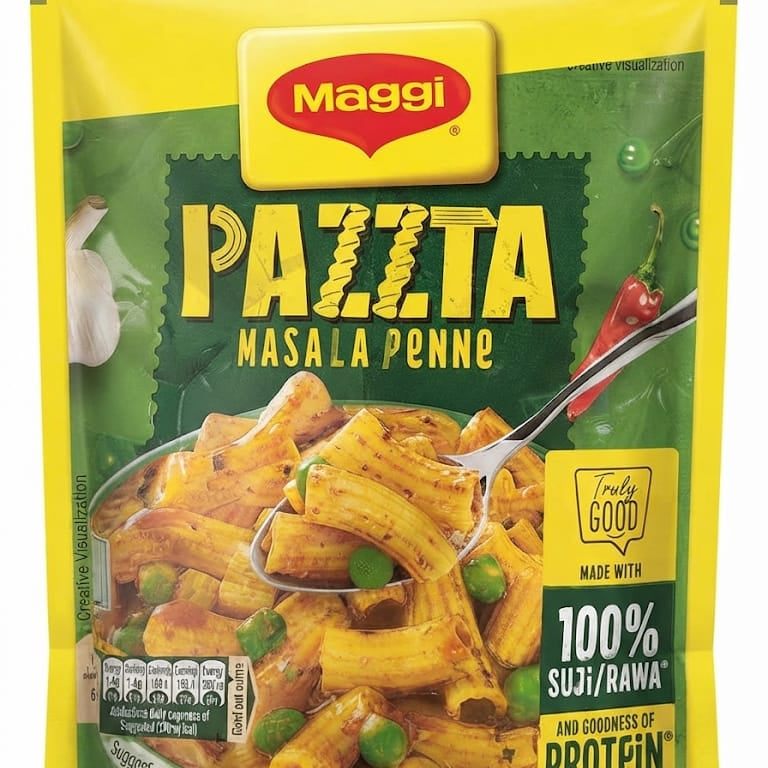 A package of Maggi Pazzi Masala Penne, featuring a bright yellow and green bag with a photo of the prepared pasta dish on the front.
