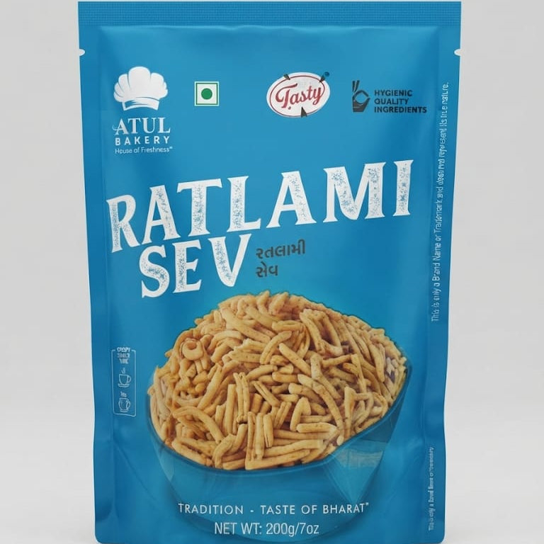 A blue stand-up pouch of Atul Bakery Ratlami Sev, featuring a photo of the golden-brown fried snack pieces on the front, set against a light gray background.