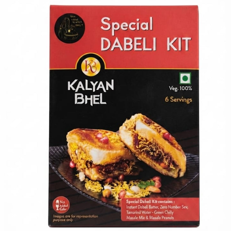 Kalyan Bhel Special Dabeli Kit in a rectangular box with a red and black design, featuring a photo of stuffed bread rolls on the front, set against a plain white background.