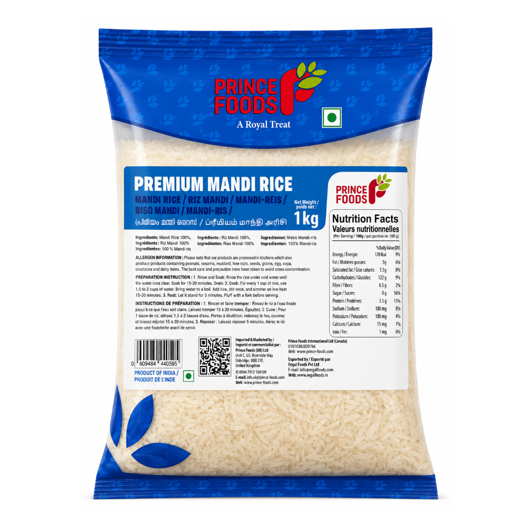 A 1 kg bag of Prince's Foods Premium Mandi Rice, featuring a blue and white packaging design with the brand logo and product details.