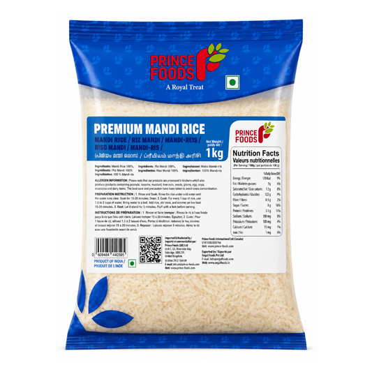 A 1 kg bag of Prince's Foods Premium Mandi Rice, featuring a blue and white packaging design with the brand logo and product details.