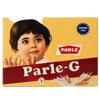 A Parle-G export pack box featuring a vintage-style illustration of a child with dark hair and a white collar, set against a yellow patterned background with a dark red banner reading 'Parle-G'.