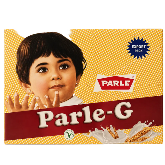 A Parle-G export pack box featuring a vintage-style illustration of a child with dark hair and a white collar, set against a yellow patterned background with a dark red banner reading 'Parle-G'.