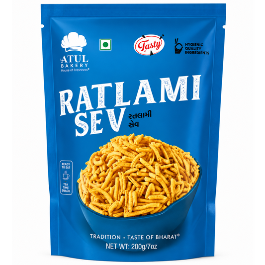 A blue stand-up pouch of Atul Bakery Ratlami Sev, featuring a bowl of golden-yellow crispy sev in the center and the brand logos of Atul Bakery and Fastgy on the front.