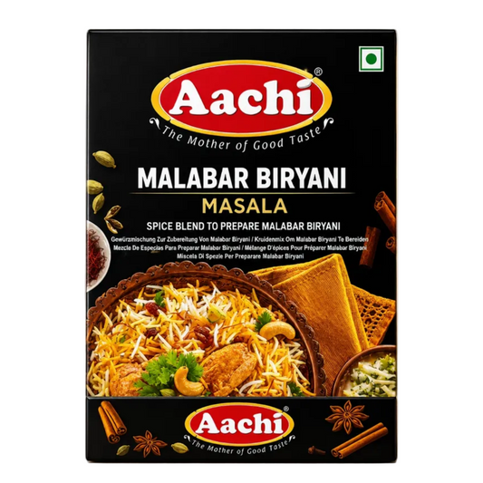 A rectangular box of Aachi Malabar Biryani Masala spice blend, shown against a plain beige background. The packaging is predominantly black with a large red oval logo, white text, and a photo of prepared biryani rice on the front.