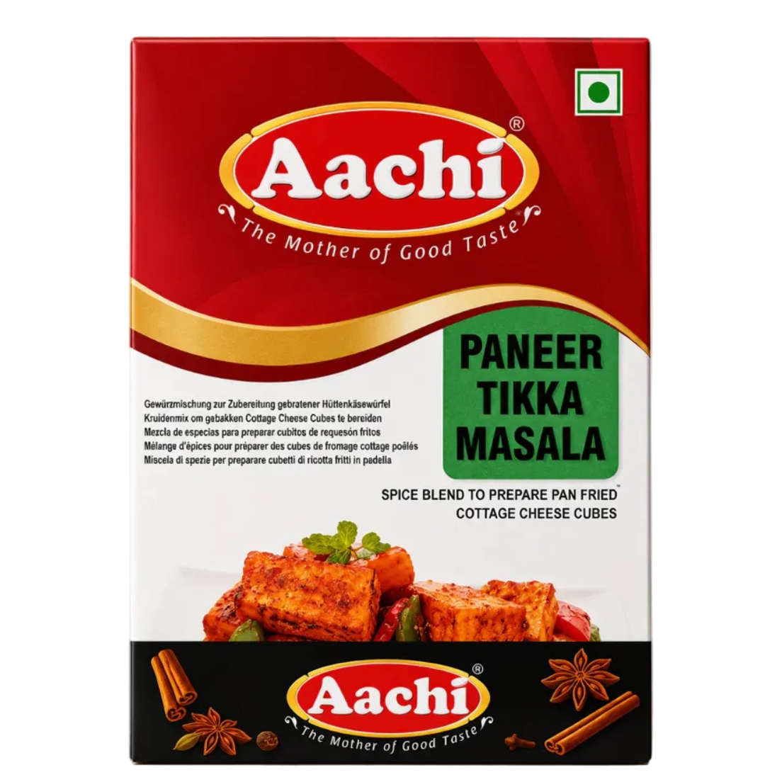 A rectangular box of Aachi Paneer Tikka Masala spice blend, featuring a red and white design with a green brand label, product imagery of paneer tikka, and illustrations of spices at the bottom.