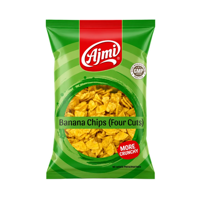 A bag of Ajmi Banana Chips (Four Cuts) on a plain white background. The packaging is predominantly green with a red brand logo banner at the top and a clear window showing the yellow-brown potato chips inside.
