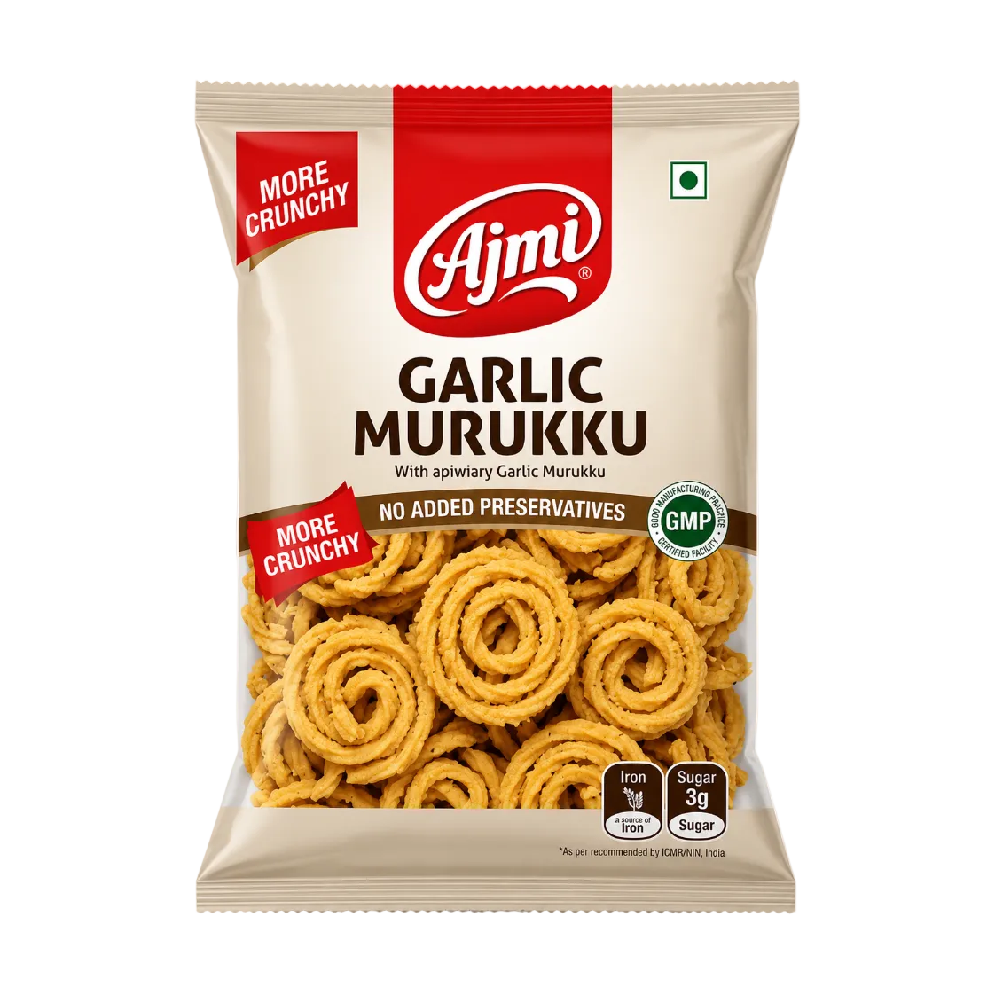 Ajmi Garlic Murukku snack chips in a beige and red resealable bag with a clear window showing the spiral-shaped golden-brown chips inside.