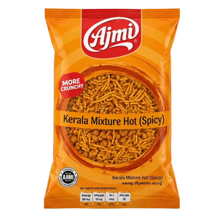 A bag of Ajmi Kerala Mixture Hot (Spicy) snack, featuring an orange packaging with a clear window showing the spicy snack inside, on a light gray background.