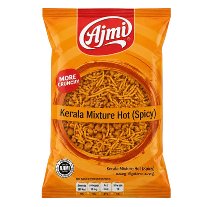 A bag of Ajmi Kerala Mixture Hot (Spicy) snack, featuring an orange packaging with a clear window showing the spicy snack inside, on a light gray background.