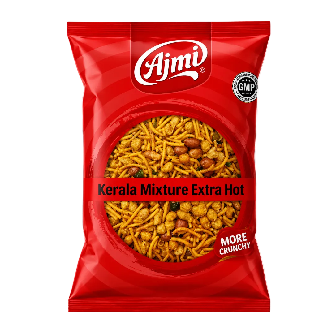 A red bag of Ajmi Kerala Mixture Extra Hot snack, featuring a clear window showing the spicy chivda mixture inside with peanuts and sev, on a white background.