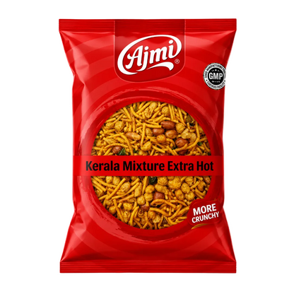 A red bag of Ajmi Kerala Mixture Extra Hot snack, featuring a clear window showing the spicy chivda mixture inside with peanuts and sev, on a white background.