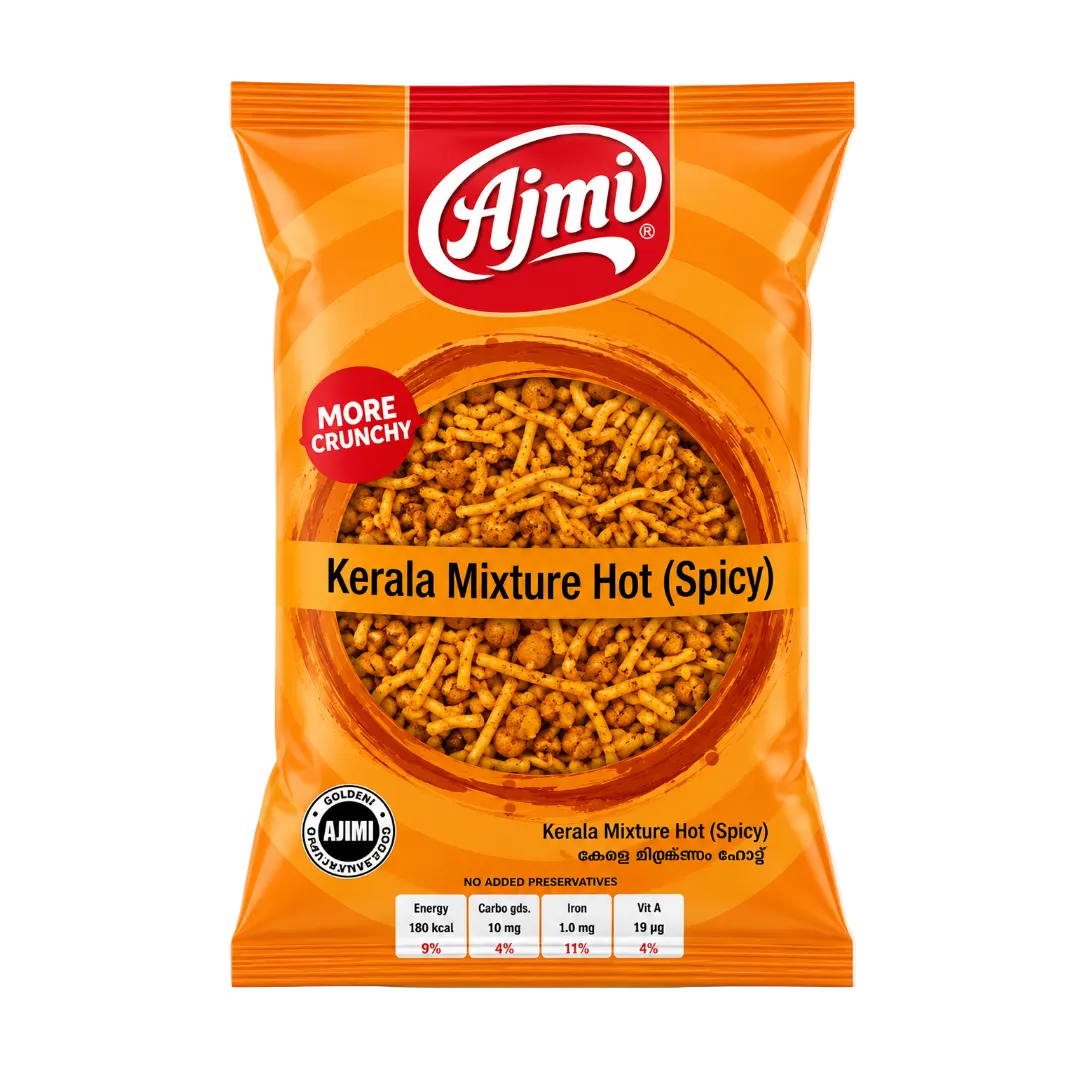 A bag of Ajmi Kerala Mixture Hot (Spicy) snack mix, featuring an orange packaging design with a clear window showing the textured, golden-brown snack inside.