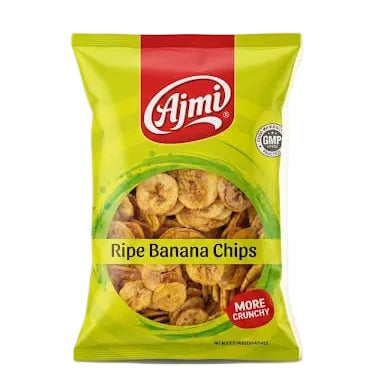 A bag of Ajmi Ripe Banana Chips on a light off-white background. The packaging is lime green with a red brand logo banner at the top and a clear window showing the banana chips inside.