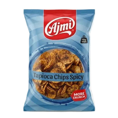 A bag of Ajmi Tapioca Chips Spicy, featuring a blue and white striped bag with a red Ajmi logo and a clear window showing the spicy chips inside.
