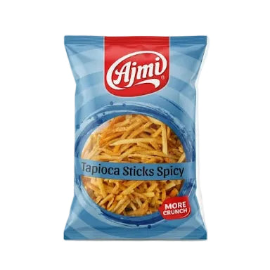 A bag of Ajmi Tapioca Sticks Spicy snack, featuring a blue and red packaging design with a clear window showing the golden-brown tapioca sticks inside.
