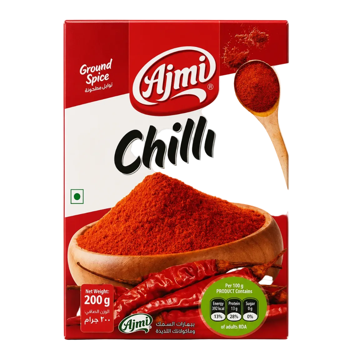 A 200g box of Ajmi Chilli Powder, featuring a red and white packaging design with an illustration of a wooden bowl filled with vibrant red chili powder, whole red chilies, and a wooden spoon of spice on a light beige background.