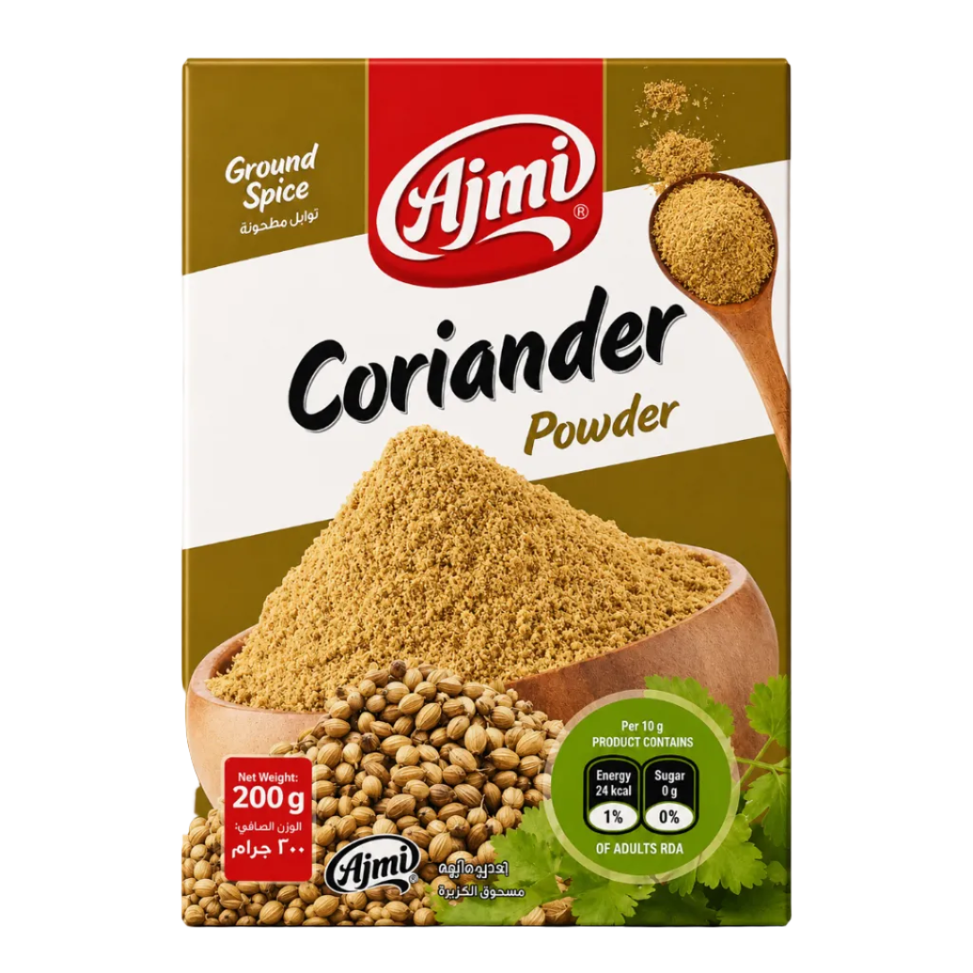A package of Ajmi Coriander Powder spice mix, featuring a brown and white box with a large image of coriander seeds and powder in a wooden bowl, set against a light beige background.