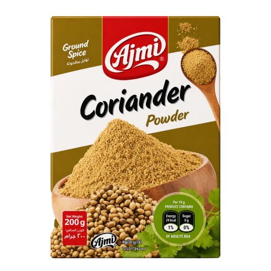 A package of Ajmi Coriander Powder spice mix, featuring a brown and white box with a large image of coriander seeds and powder in a wooden bowl, set against a light beige background.
