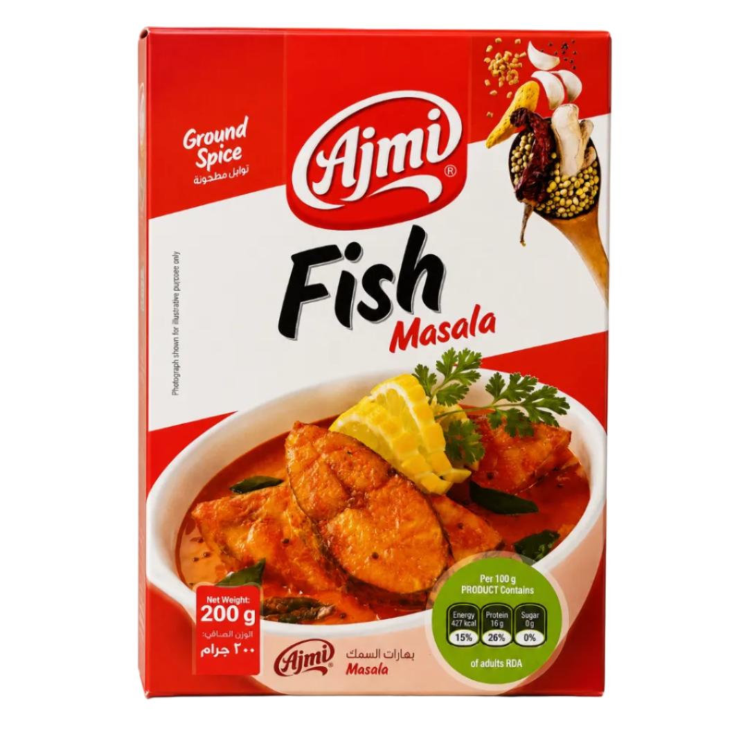 A box of Ajmi Fish Masala ground spice, featuring a red and white package design with an illustration of a fish curry dish, a lemon wedge, and a green nutritional badge.