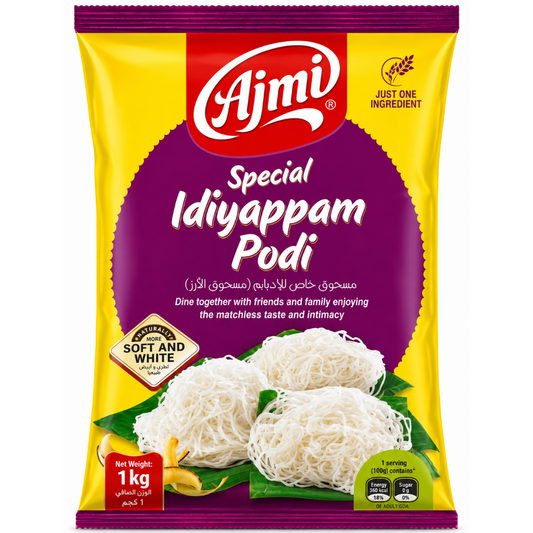 Ajmi Special Idiyappam Podi in a yellow and purple 1kg bag, featuring pictures of the soft white idiyappam noodles on a yellow and purple background.