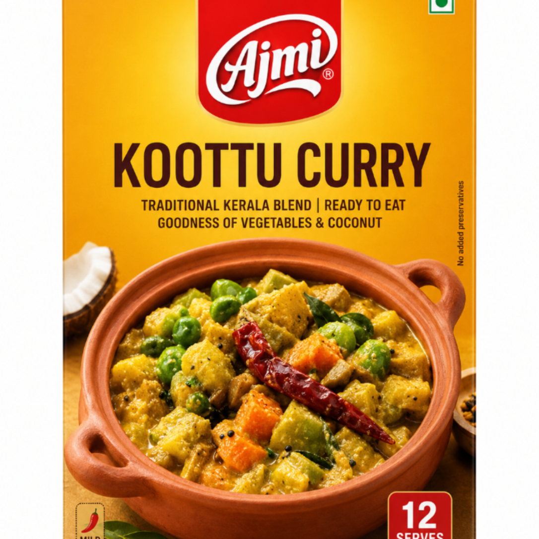 A box of Ajmi Koottu Curry, featuring a bright yellow-orange background with the red Ajmi logo at the top. The front of the packaging displays a photo of a prepared curry in a terracotta pot, with text indicating it is a traditional Kerala blend and suitable for 12 serves.