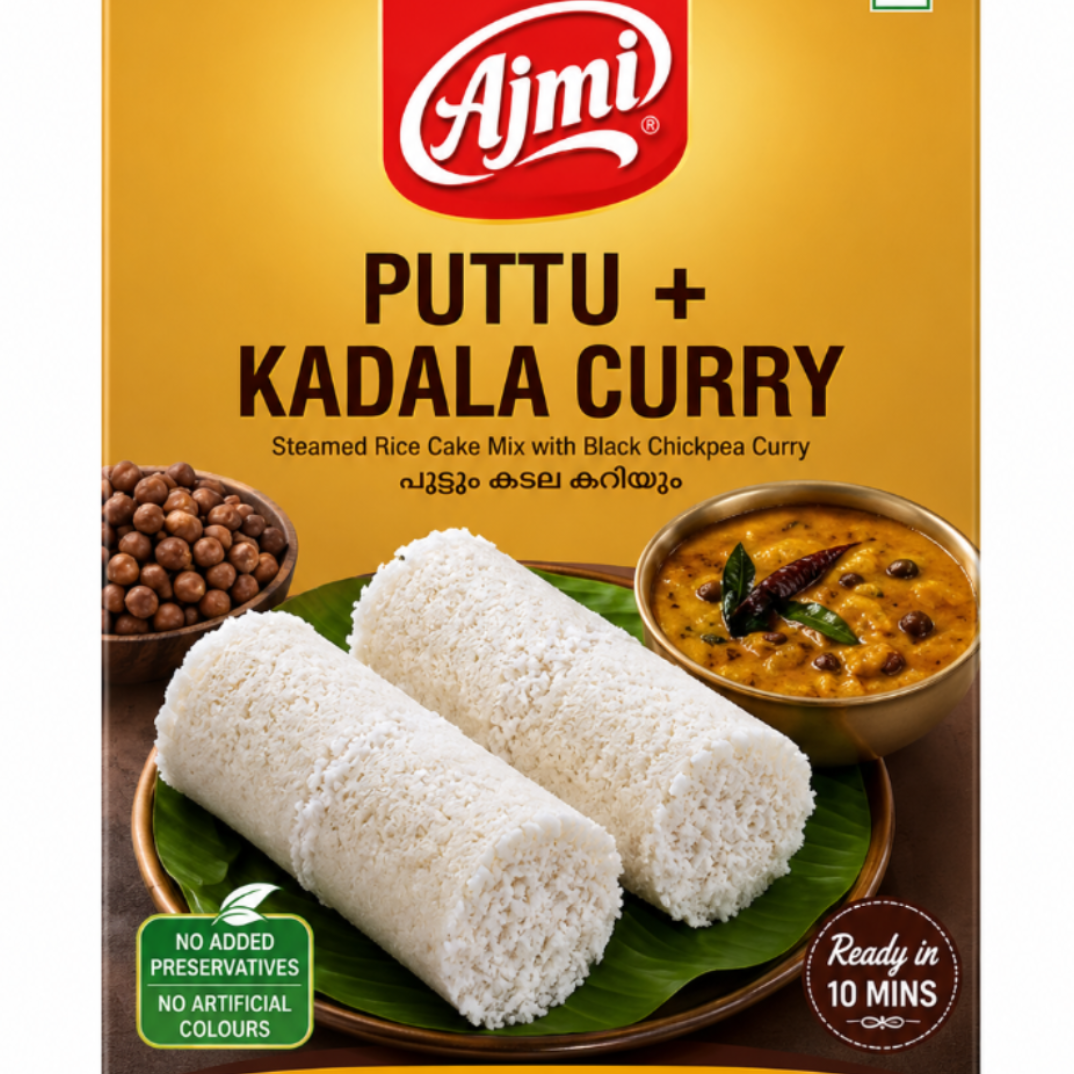 A package of Ajmi Puttu + Kadala Curry rice cake mix. The packaging is primarily golden yellow with a red Ajmi logo at the top, and features a photo of steamed white rice rolls on a banana leaf next to a bowl of curry.
