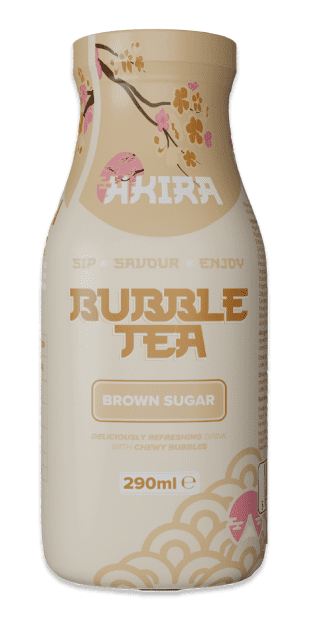 A 290ml bottle of Akira Bubble Tea in Brown Sugar flavor, featuring a beige and cream label with pink cherry blossoms and gold lettering.